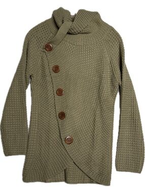 GRECERELLE Women’s Small tan/camel Asymmetrical Button Cowl Neck Cardigan